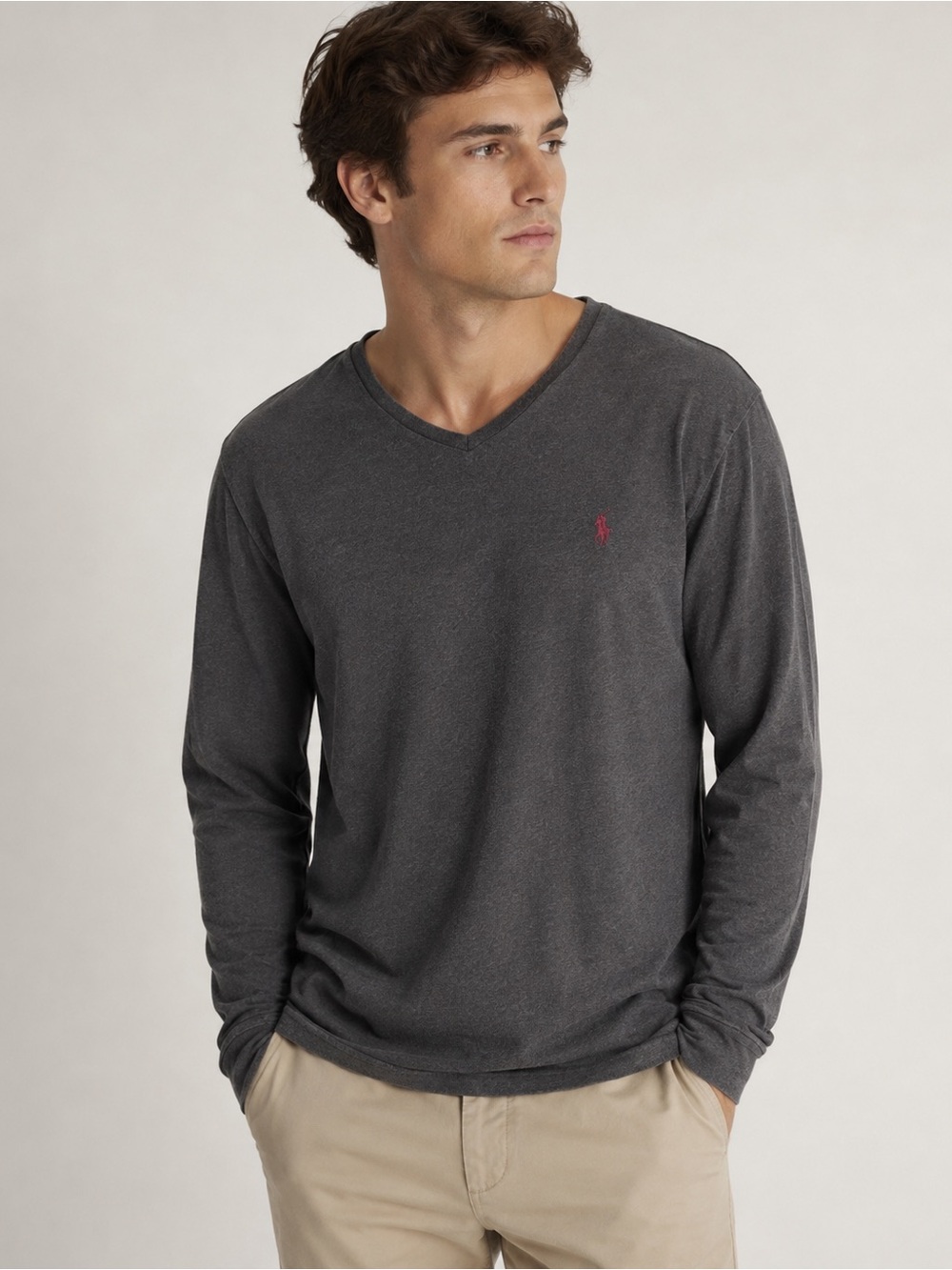 Polo Ralph Lauren Charcoal Long Sleeve V-Neck T-Shirt Men’s Large Pony Logo